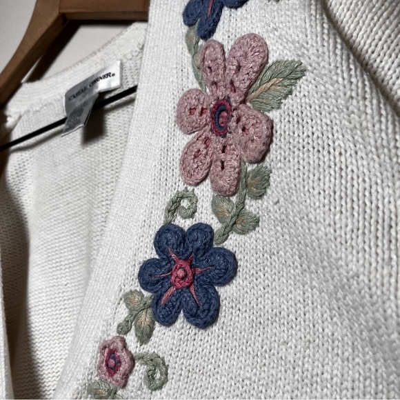 VTG 80s Women Coquette Grannycore‎ Sweater Cardigan Medium White Pink Floral - Picture 6 of 11